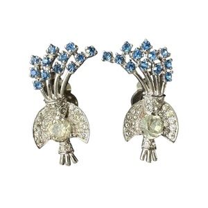 Pennino Clip On Earrings Ear Climber Flower Spray Silver Blue Rhinestones Signed